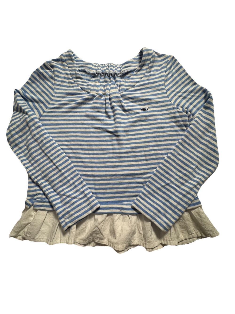 Vineyard Vines Girls Medium 10-12 Blue White Stripe Ruffle Hem Top